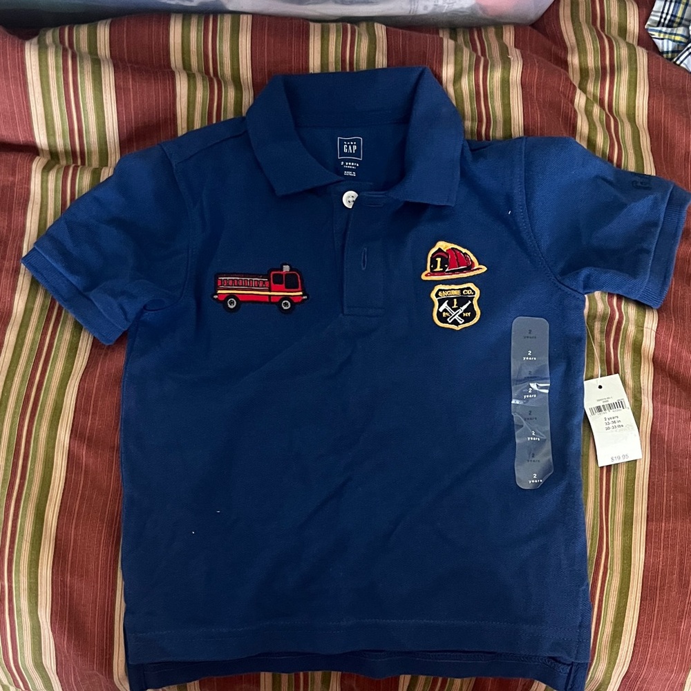 NWT - GAP Kids Blue Polo with Fire Truck and Badge